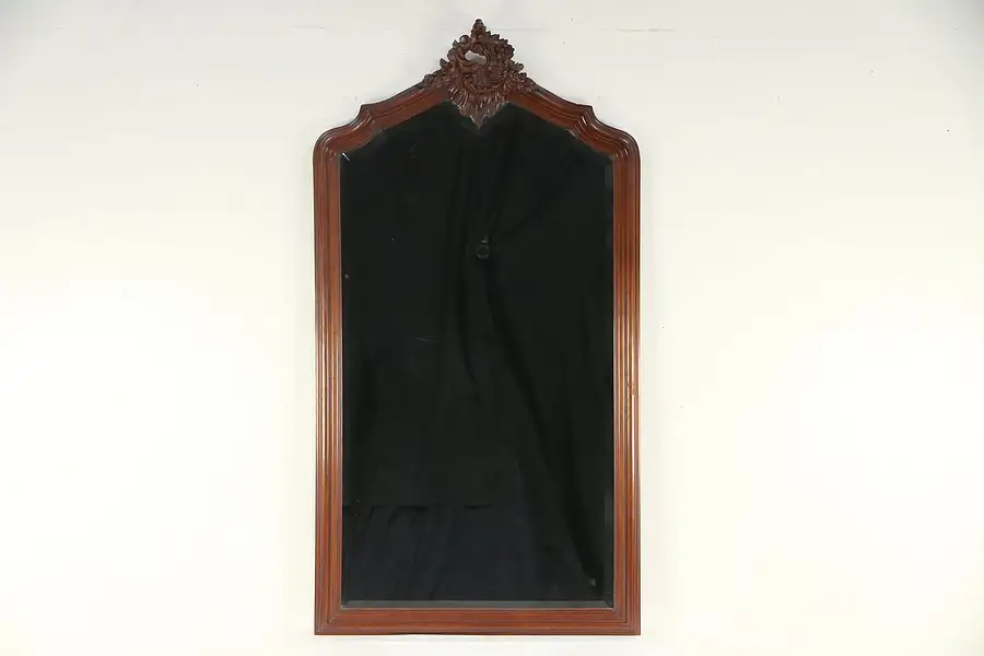 Main image of French Antique Carved Mahogany Beveled Mantel, Wall or Hall Mirror