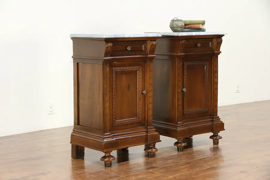 Main image of Pair of Italian Antique Marble Top Carved Walnut Nightstands