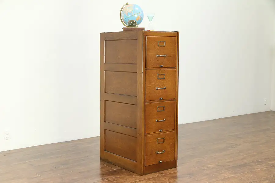 Main image of Oak Antique 4 Drawer File Cabinet, Paneled Sides