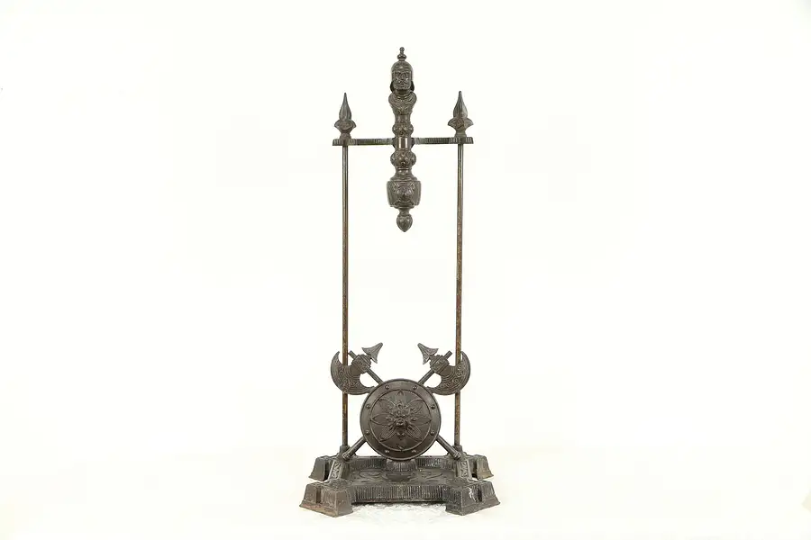 Main image of Victorian Cast Iron Antique Fireplace Tool Holder, Lion Head & Shields