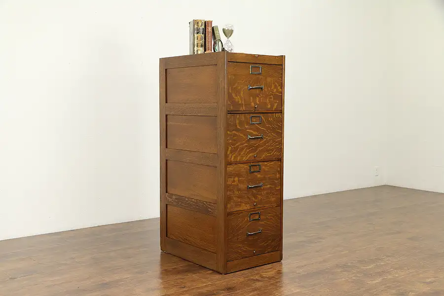 Main image of Oak Antique Craftsman 4 Drawer Legal or Music File Cabinet, Signed Globe