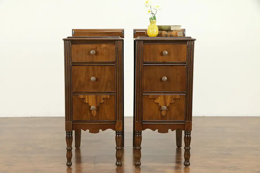 Main image of Pair of Antique 1920 Walnut 3 Drawer Nightstands