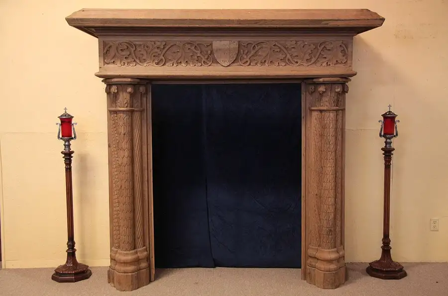 Main image of 7' Tall Carved Oak Chateau Fireplace Mantel, Crest