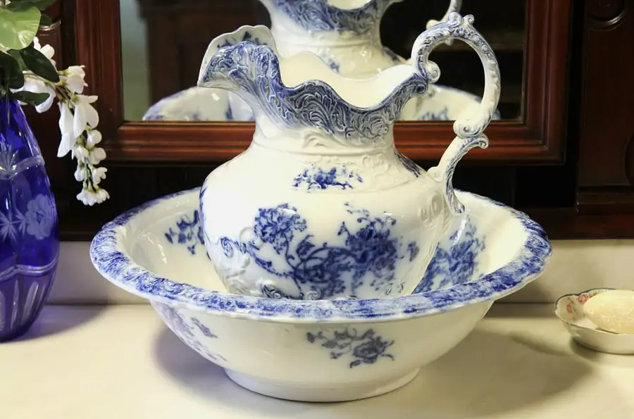 Main image of Flow Blue Grindley 1890's Antique Bowl & Pitcher Set