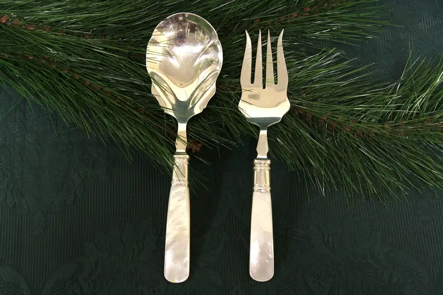 Main image of Mother of Pearl Silverplate Antique Serving Spoon & Fork Set