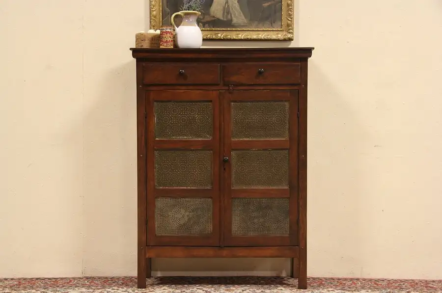 Main image of Country Oak 1895 Antique Pie Safe Cupboard, Punched Tin