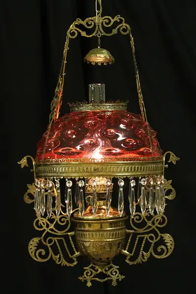 Main image of Victorian 1885 Antique Hanging Lamp, Cranberry Glass Shade