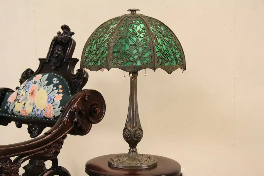 Main image of Stained Green Glass 8 Panel Antique 1915 Lamp