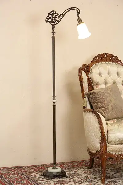 Main image of Reading Floor Bridge Lamp, 1920 Antique Glass Shade