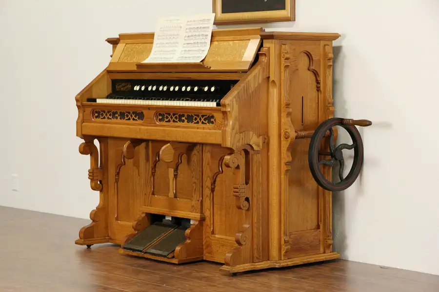 Main image of Oak 1890's Antique Theater or Church Pump Reed Organ, Signed Hinners