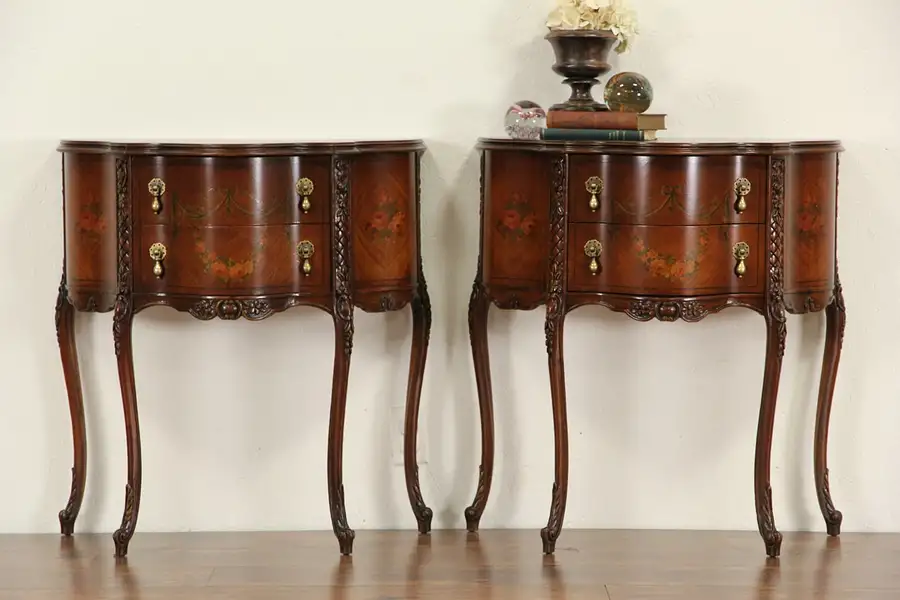 Main image of Pair of 1930 French Style Satinwood End Tables or Nightstands, Hand Painted