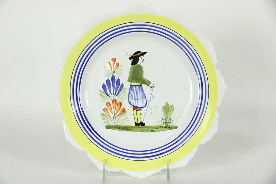 Main image of Quimper 10" Round Plate, Hand Painted Man in Brittany Costume