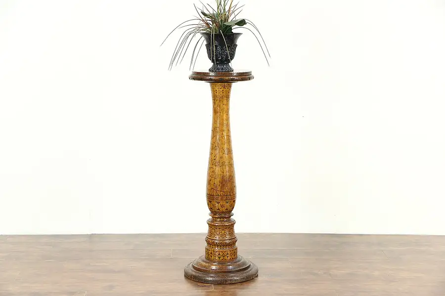 Main image of Burnt Wood Pyrography Latin Inscribed Antique Plant Stand or Sculpture Pedestal