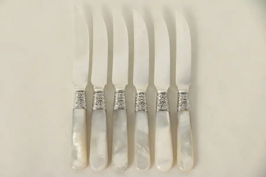 Main image of Set 6 Antique Pearl & Sterling Handle Butter, Cheese or Appetizer Knives