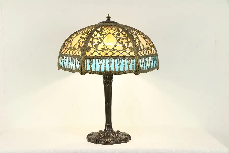 Main image of Curved Stained Glass 20" Hexagonal Shade Antique 1915 Panel Lamp