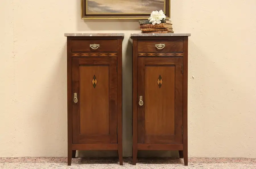 Main image of Pair of 1900 Marble Top Nightstands or Bedside Tables