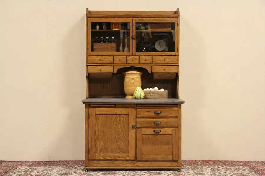 Main image of Hoosier Oak 1910 Antique Kitchen Baker Cupboard, Zinc Top