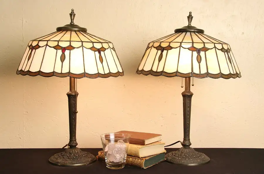 Main image of Pair of 1915 Antique Lamps, Leaded Stained Glass Shade
