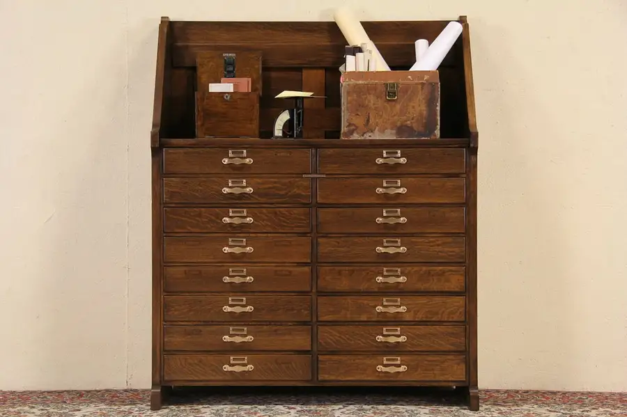 Main image of Print or Map Chest, Antique 1910 Oak 16 Drawer Library File Cabinet