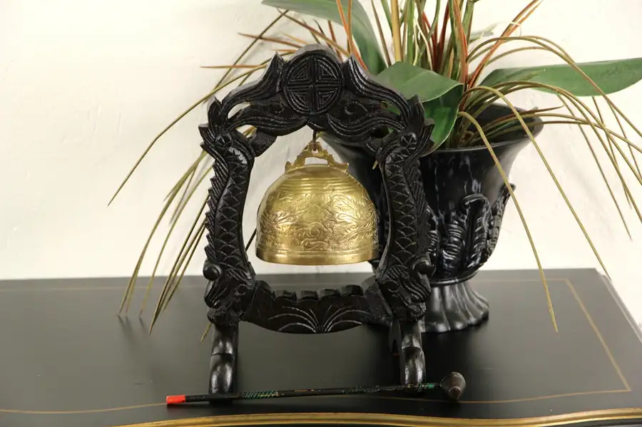Main image of Chinese 1900's Antique Brass Dinner Bell or Gong, Carved Stand & Mallet