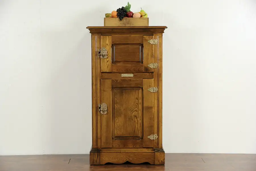 Main image of Oak 1890 Antique Ice Box, Raised Panels, Signed "New Iceberg"