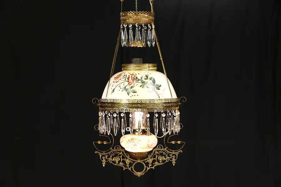 Main image of Victorian 1880's Antique Brass Electrified Ceiling Light, Hand Painted Shade