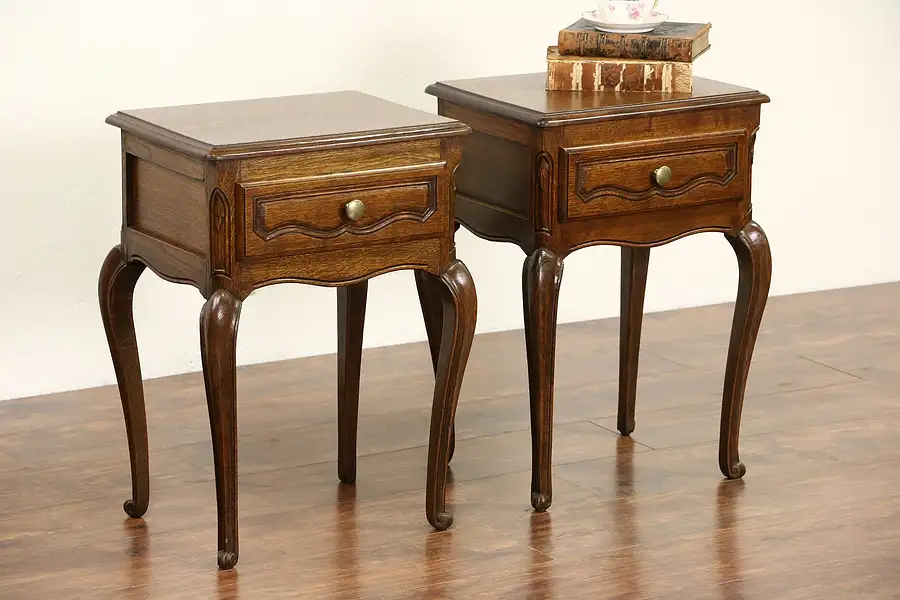 Main image of Pair of Country French 1925 Antique Hand Carved Oak Nightstands