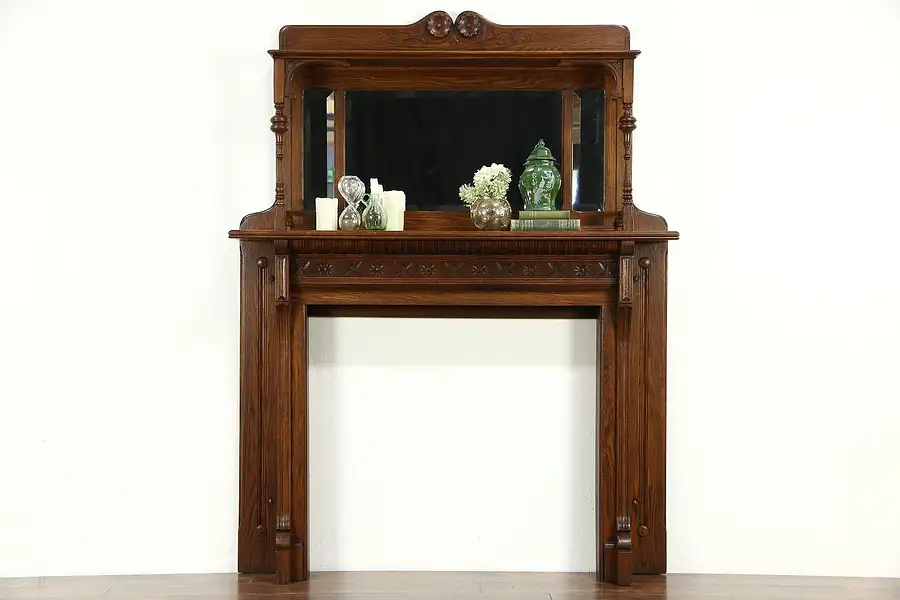 Main image of Victorian Eastlake Oak Antique Architectural Salvage Fireplace Mantel, Mirrors
