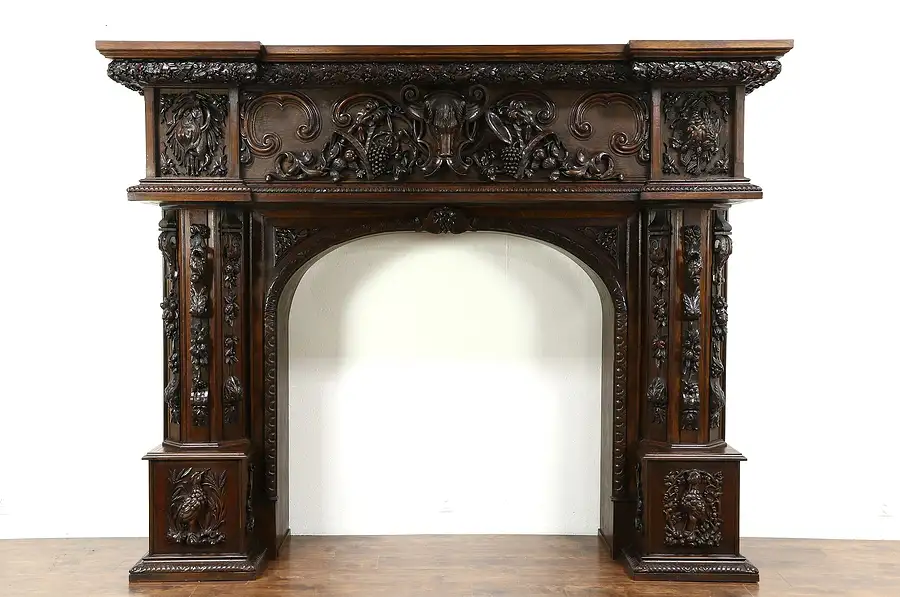 Main image of Carved Oak Antique Fireplace Lodge Mantel or Archway, Animal Sculptures 10' 5"