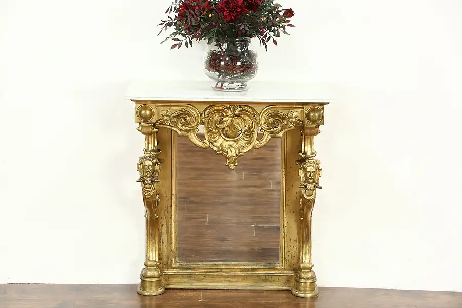 Main image of Victorian 1850 Antique Gold Hall Console or Petticoat Table, Hand Carved Heads