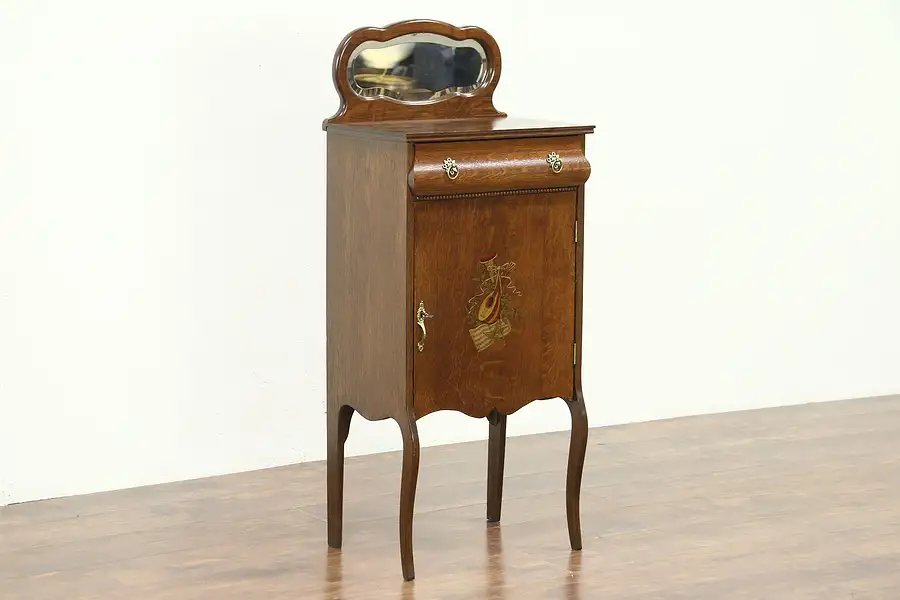 Main image of Oak 1900 Antique Music Cabinet, Beveled Mirror, Instrument Motif