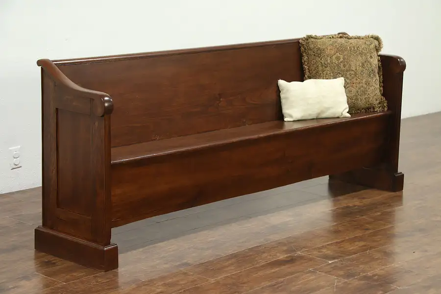 Main image of Country Pine & Walnut Carved 1860's Antique Pew or Hall Bench