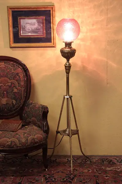 Main image of Victorian Brass Piano Lamp, Cranberry Shade