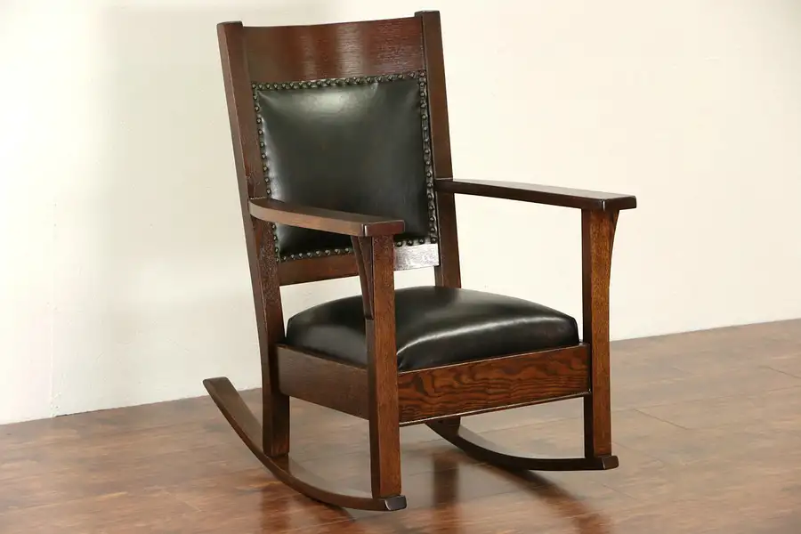 Main image of Arts & Crafts Mission Oak 1910 Antique Rocking Chair, New Leather Rocker