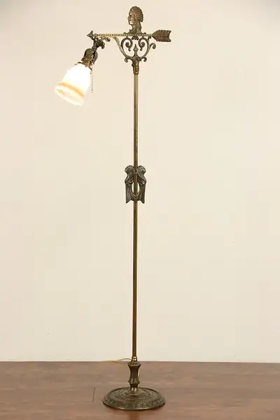 Main image of Indian Motif 1915 Antique Bridge Floor Reading Lamp, Glass Shade