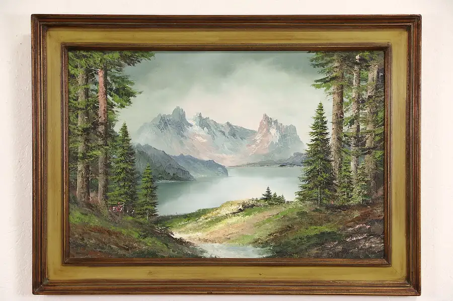 Main image of Mountains in the Alps, Original Oil Painting signed Gast, Germany 1940's Vintage
