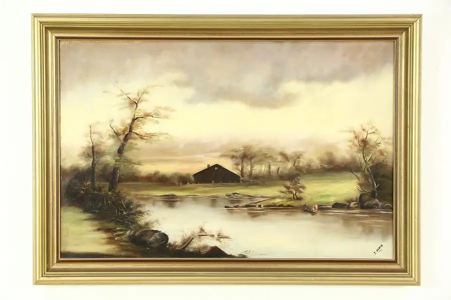 Main image of Farmhouse and Pond in Fall, Antique Original Oil Painting J. Lewis
