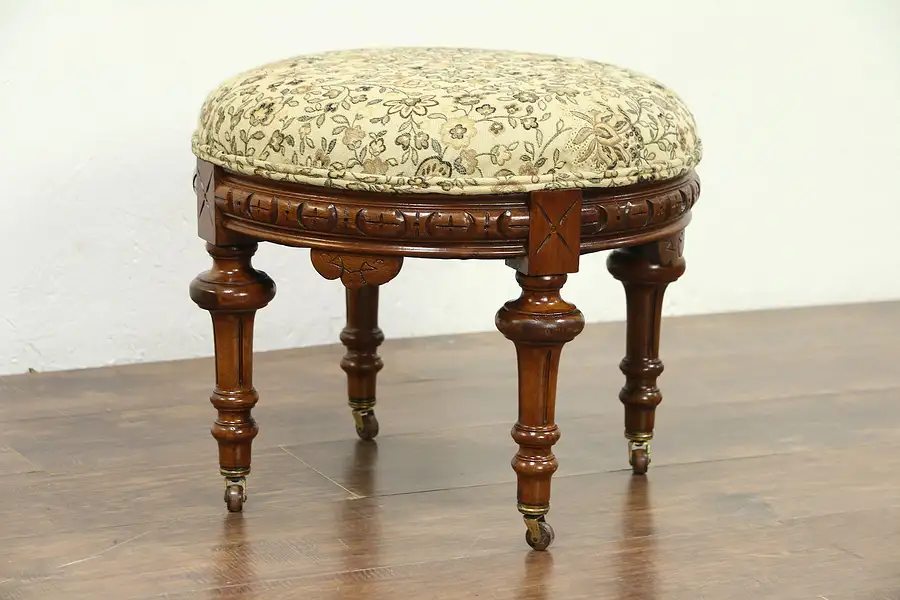Main image of Victorian Antique 1875 Round Footstool, Carved Walnut, New Upholstery