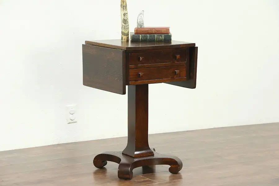 Main image of Oak Quarter Sawn 1900 Antique Dropleaf End or Sewing Table, Nightstand