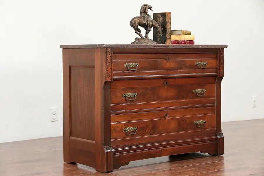 Main image of Victorian Eastlake Antique Walnut Linen Chest or Dresser, Marble Top