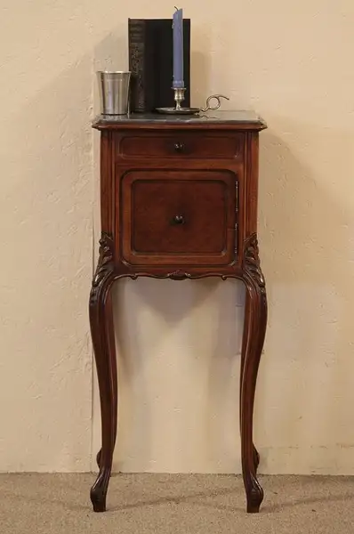 Main image of Carved French Nightstand, Grey Marble Top circa 1890