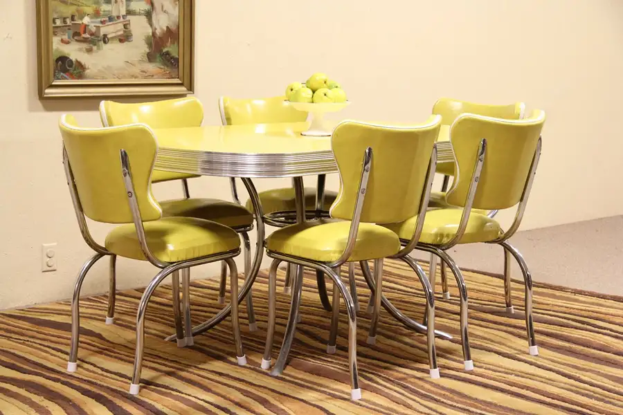 Main image of Midcentury Modern Chrome & Formica Vintage Dining Set, 6 Chairs