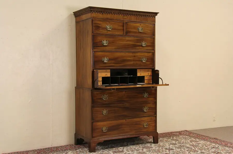 Main image of Georgian Style Tall Chest on Chest with Desk, signed Banks, Coldstone