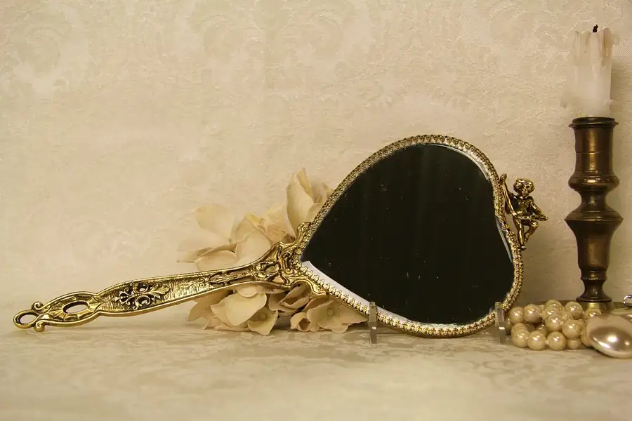 Main image of Boudoir Vintage Gold Filigree Heart Shape Hand Mirror