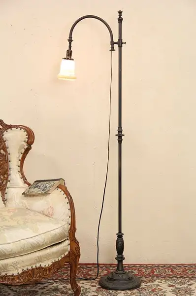 Main image of Floor Reading Adjustable Bridge Lamp, 1910 Antique, Glass Shade