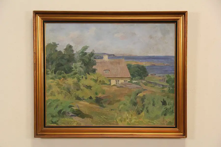 Main image of Thatched Cottage & Ocean Scene, Denmark, 1900 Original Oil Painting, 41" Wide