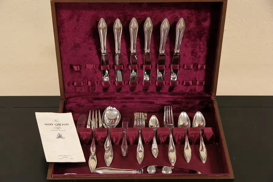 Main image of Sterling Silver Flatware for 6, Mary Chilton by Towle 7Pc + 11 Serving, K Mono