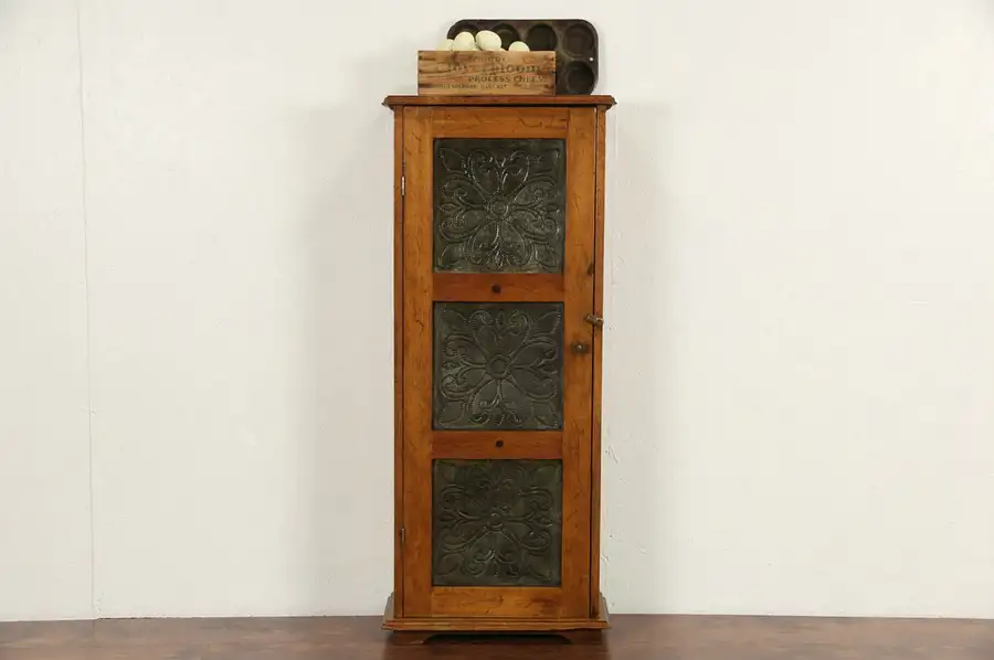 Main image of Country Pine 1900 Antique Narrow Pantry Pie Safe, Punched Tin Panels