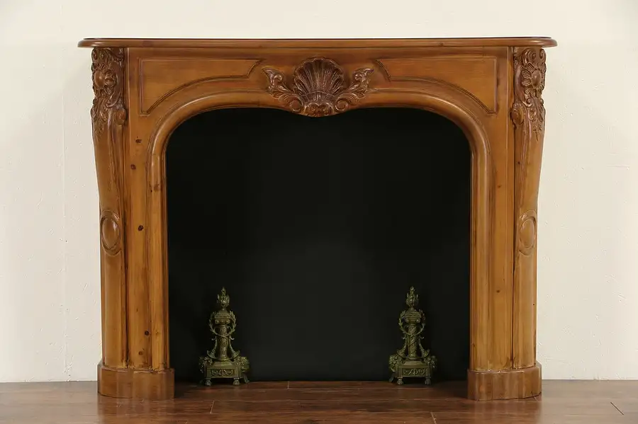 Main image of Country French Hand Carved Vintage Pine Fireplace Mantel