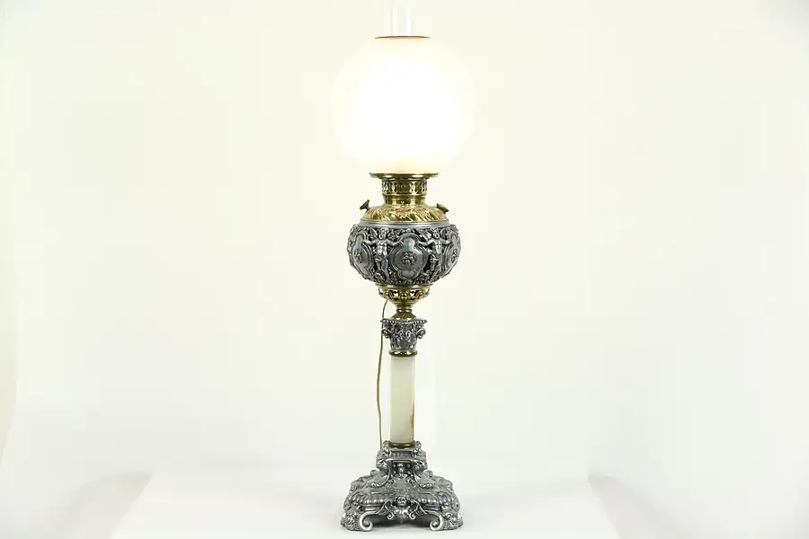 Main image of Victorian Angels Electrified Banquet Oil Lamp, Brass, Nickel & Onyx, Pat 1897